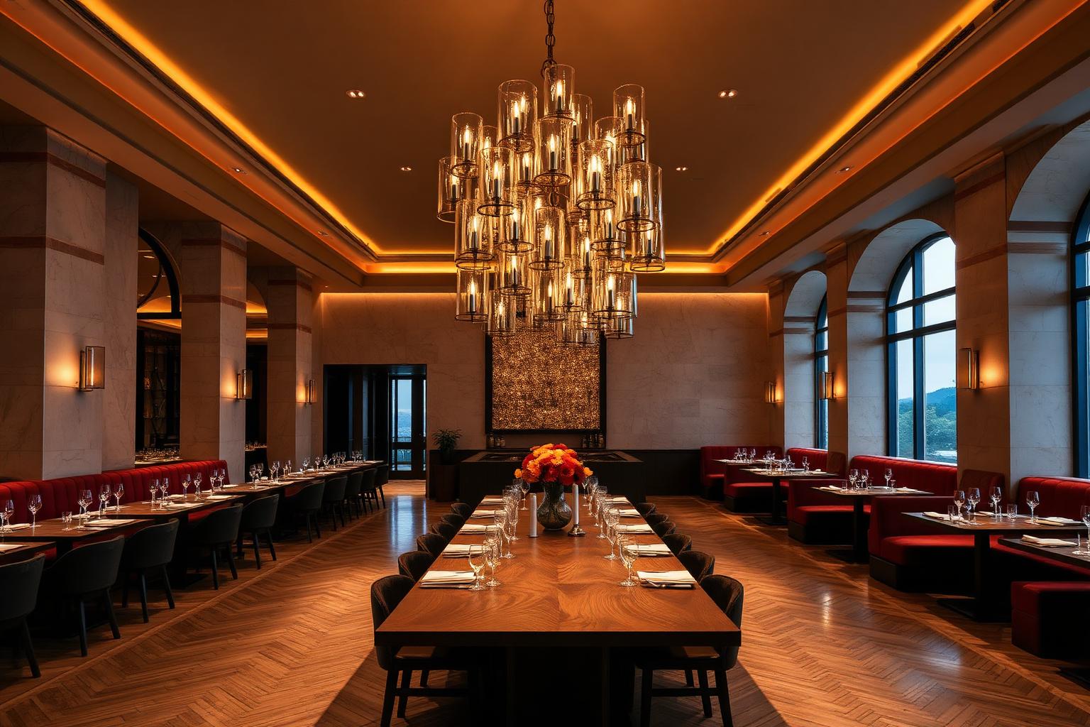 Fine dining restaurace — hlavní sál s mosazným lustrem Lindsey Adelman a indirect cove
