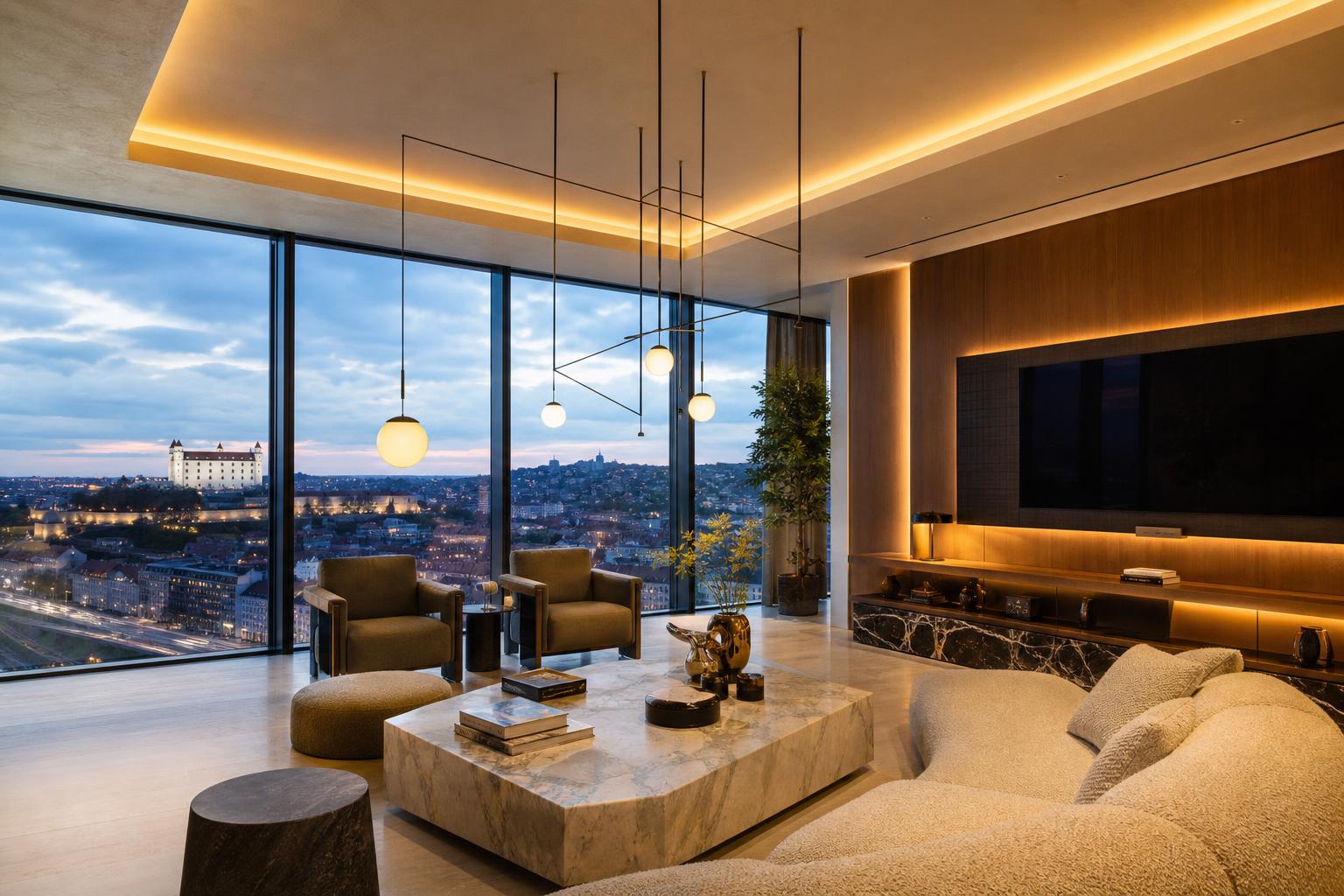 Penthouse Bratislava — pohled přes panoramatická okna na Bratislavský hrad za modré hodiny